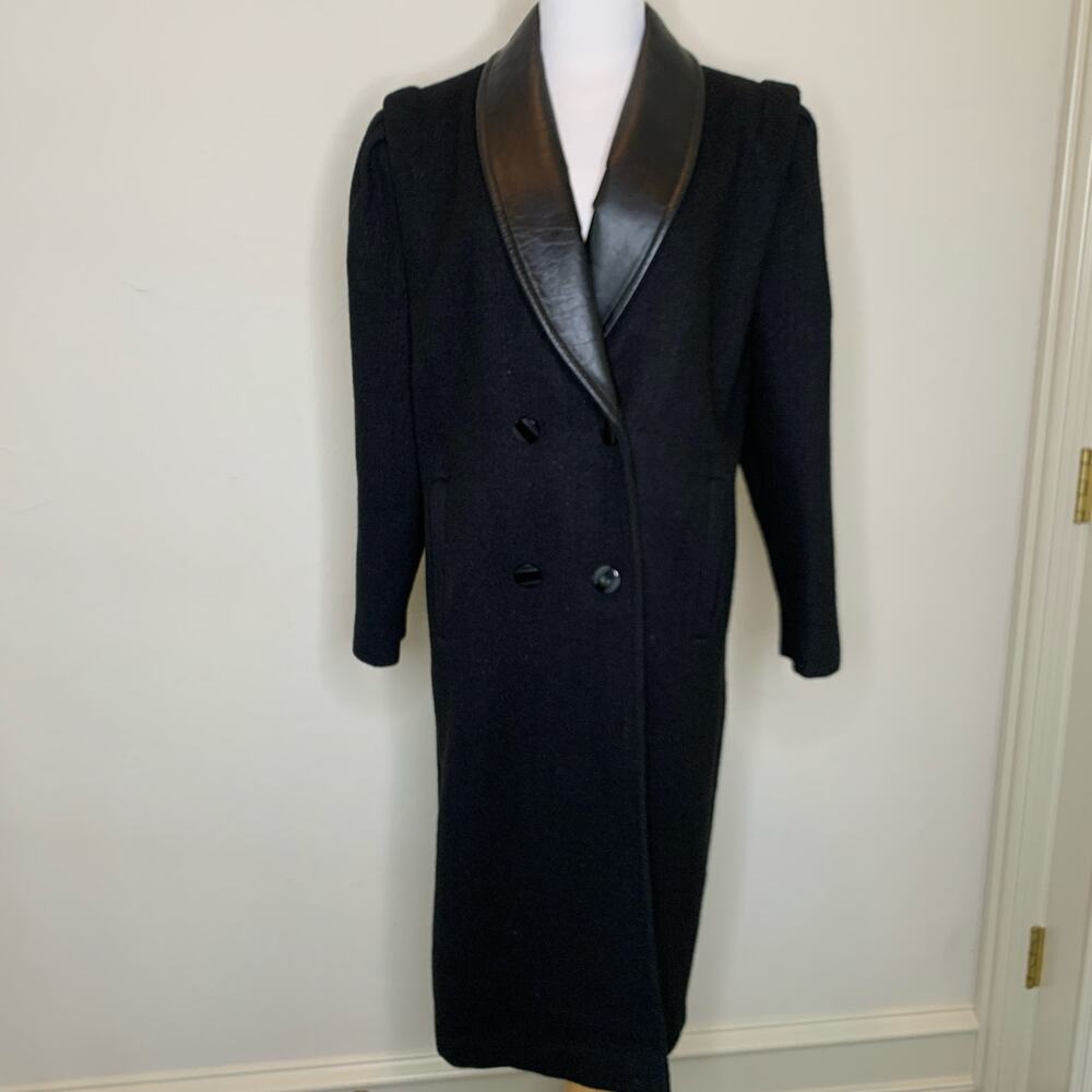 Vintage Black Long Coat Leather Shawl Collar Jofeld Brand Sz Large